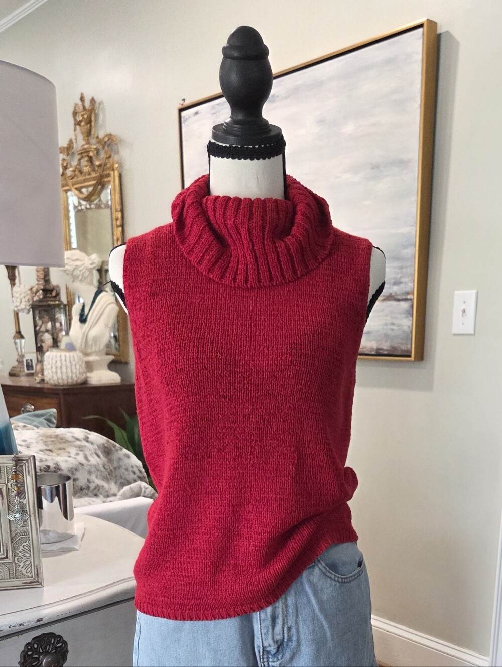 Vintage Josephine Chaus Red Sleeveless Turtleneck Sweater Tank | Size Small